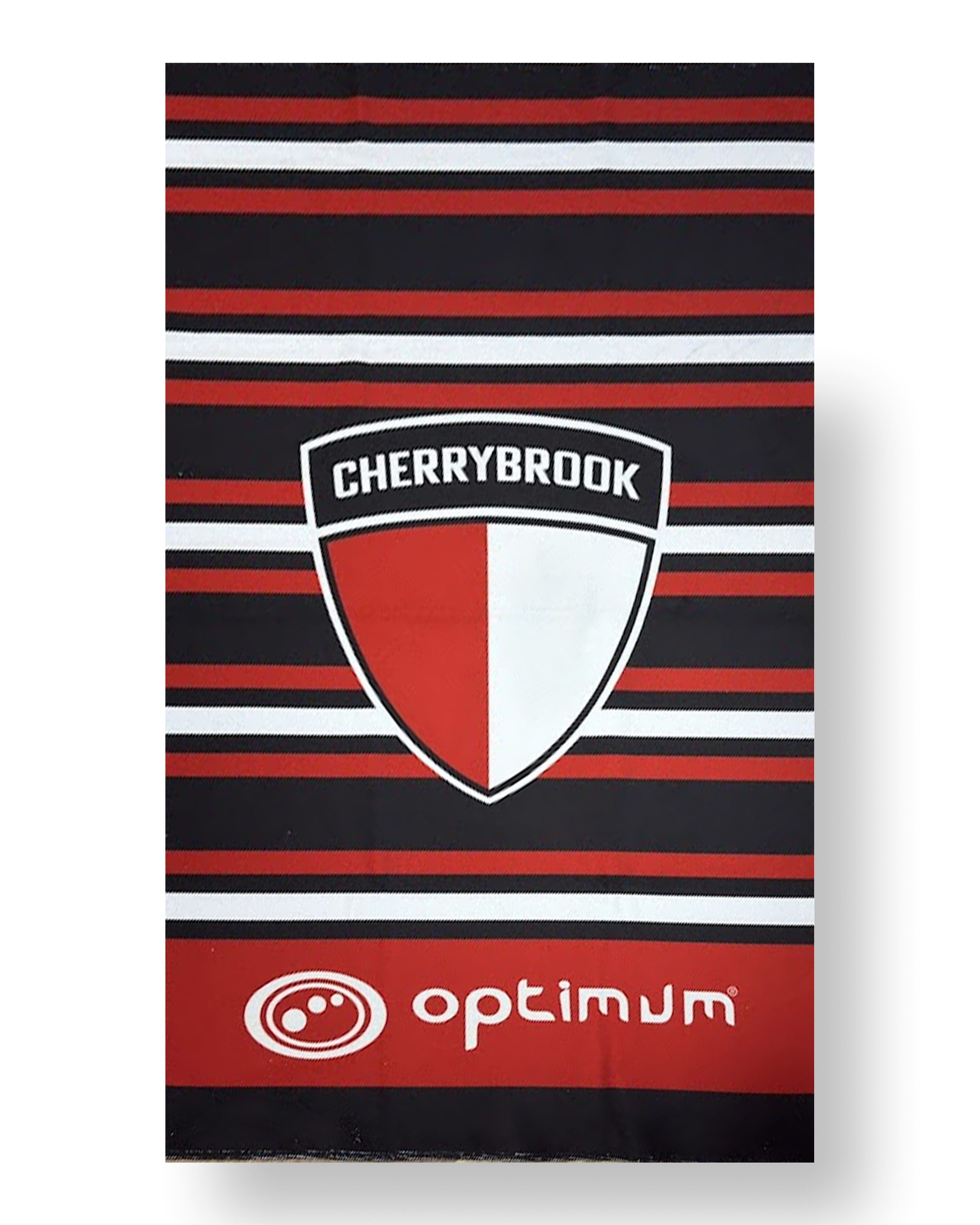 Striped towel with Cherrybrook and Optimum logos on a white background