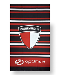 Striped towel with Cherrybrook and Optimum logos on a white background