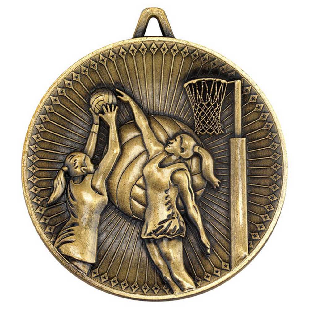 NETBALL DELUXE MEDAL ANTIQUE GOLD - 2.35in - Optimum Teamwear