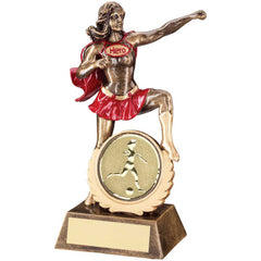 BRZ/GOLD/RED RESIN 'HERO' AWARD WITH FEMALE FOOTBALL INSERT AND PLATE - 7.5in - Optimum Teamwear