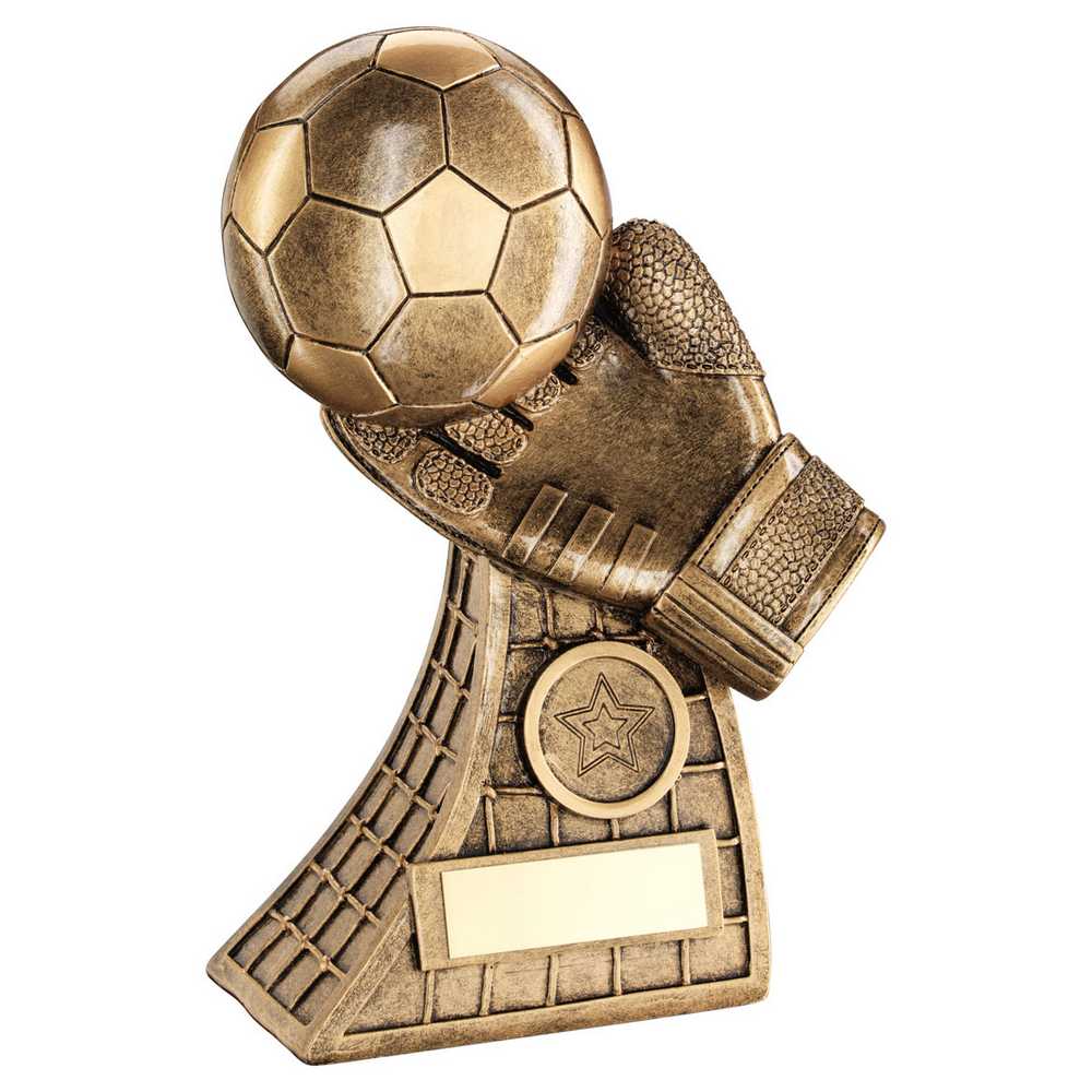 BRZ/GOLD FOOTBALL AND GOALKEEPER GLOVE ON NET BASE WITH PLATE (1in CEN) - 7.25in - Optimum Teamwear