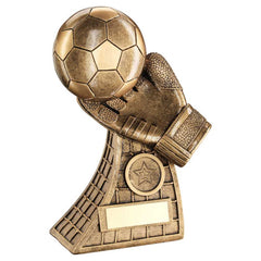 BRZ/GOLD FOOTBALL AND GOALKEEPER GLOVE ON NET BASE WITH PLATE (1in CEN) - 7.25in - Optimum Teamwear