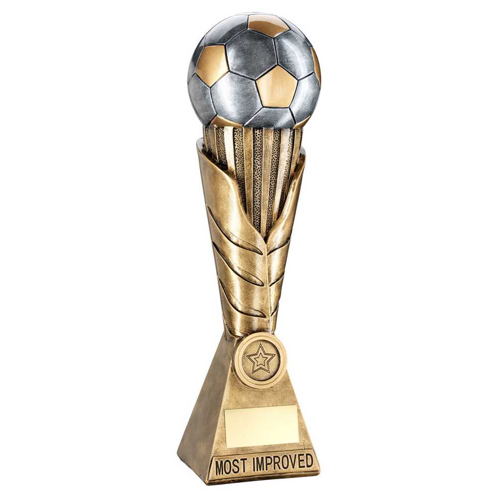 BRZ/PEW/GOLD FOOTBALL ON LEAF COLUMN WITH PLATE (1in CEN) MOST IMPROVED - 12" - Optimum Teamwear