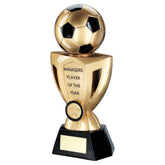 GOLD/BLACK FOOTBALL ON CUP WITH PLATE (1in CENTRE) MANAGERS PLAYER - 10in - Optimum Teamwear