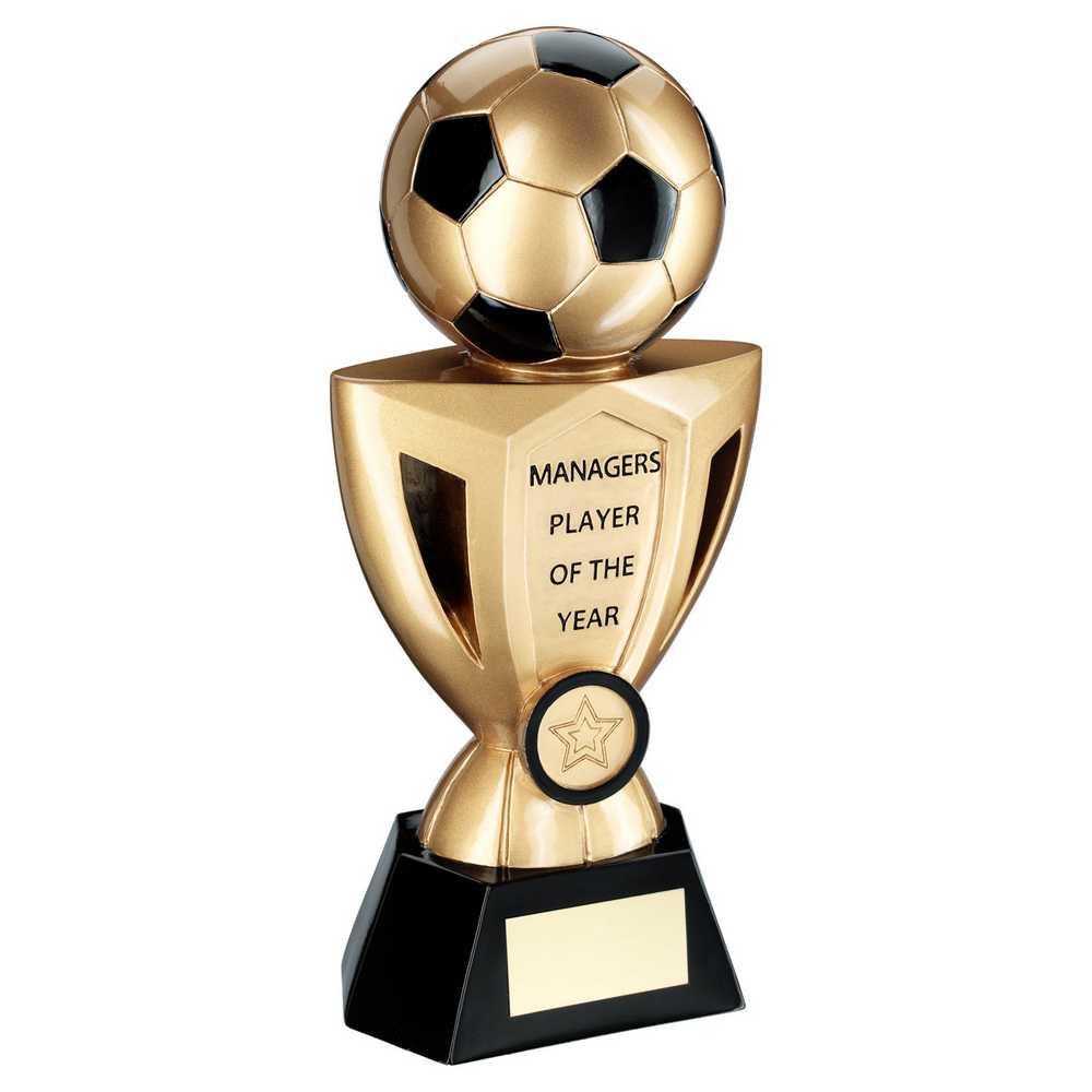 GOLD/BLACK FOOTBALL ON CUP WITH PLATE (1in CENTRE) MANAGERS PLAYER - 10in - Optimum Teamwear