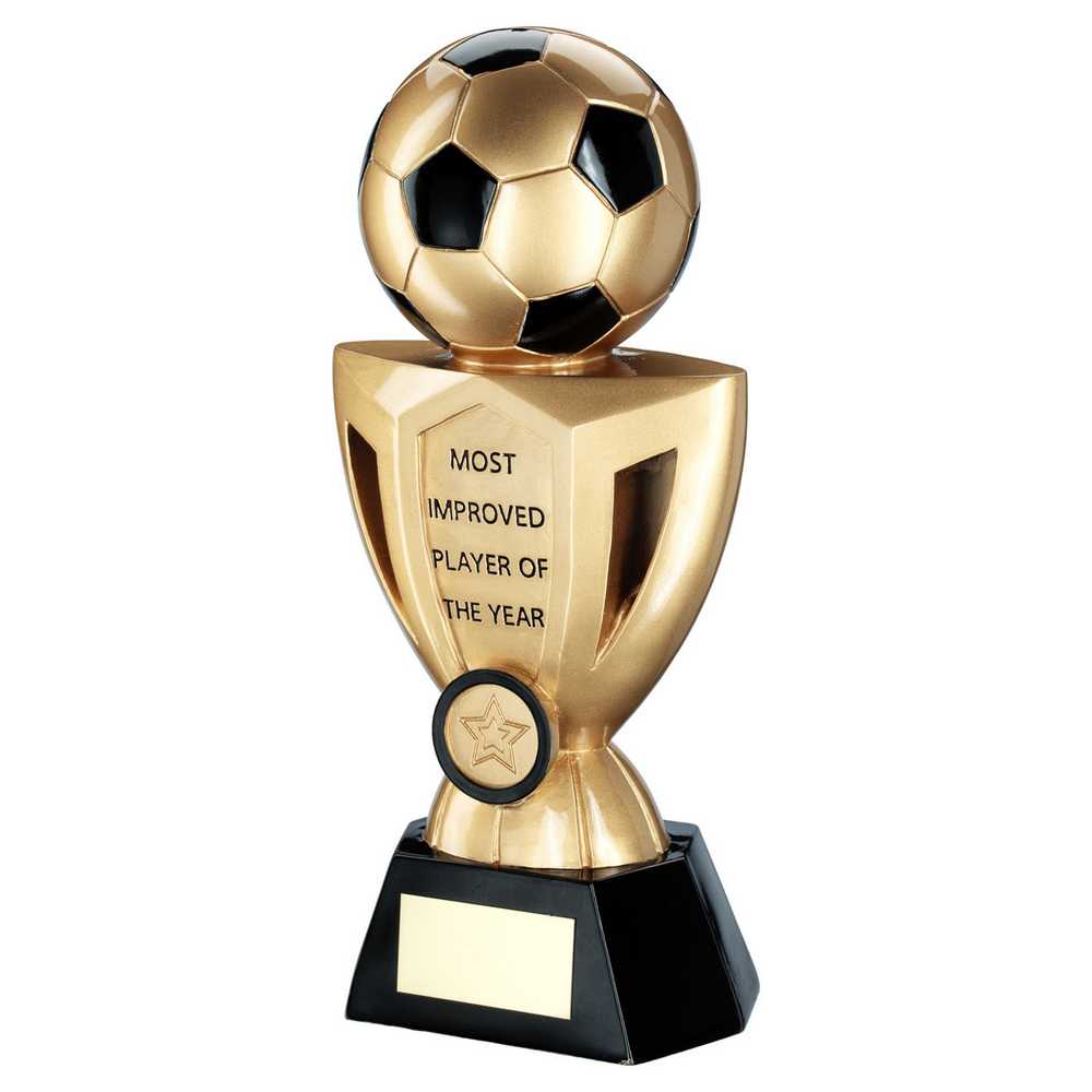 GOLD/BLACK FOOTBALL ON CUP WITH PLATE (1in CENTRE) MOST IMPROVED - 10in - Optimum Teamwear