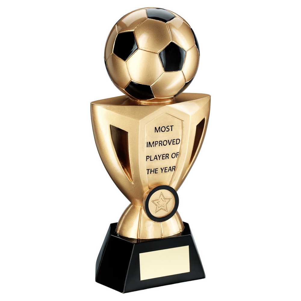 GOLD/BLACK FOOTBALL ON CUP WITH PLATE (1in CENTRE) MOST IMPROVED - 10in - Optimum Teamwear