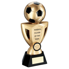 GOLD/BLACK FOOTBALL ON CUP WITH PLATE (1in CENTRE) PARENTS PLAYER - 10in - Optimum Teamwear