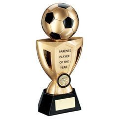 GOLD/BLACK FOOTBALL ON CUP WITH PLATE (1in CENTRE) PARENTS PLAYER - 10in - Optimum Teamwear