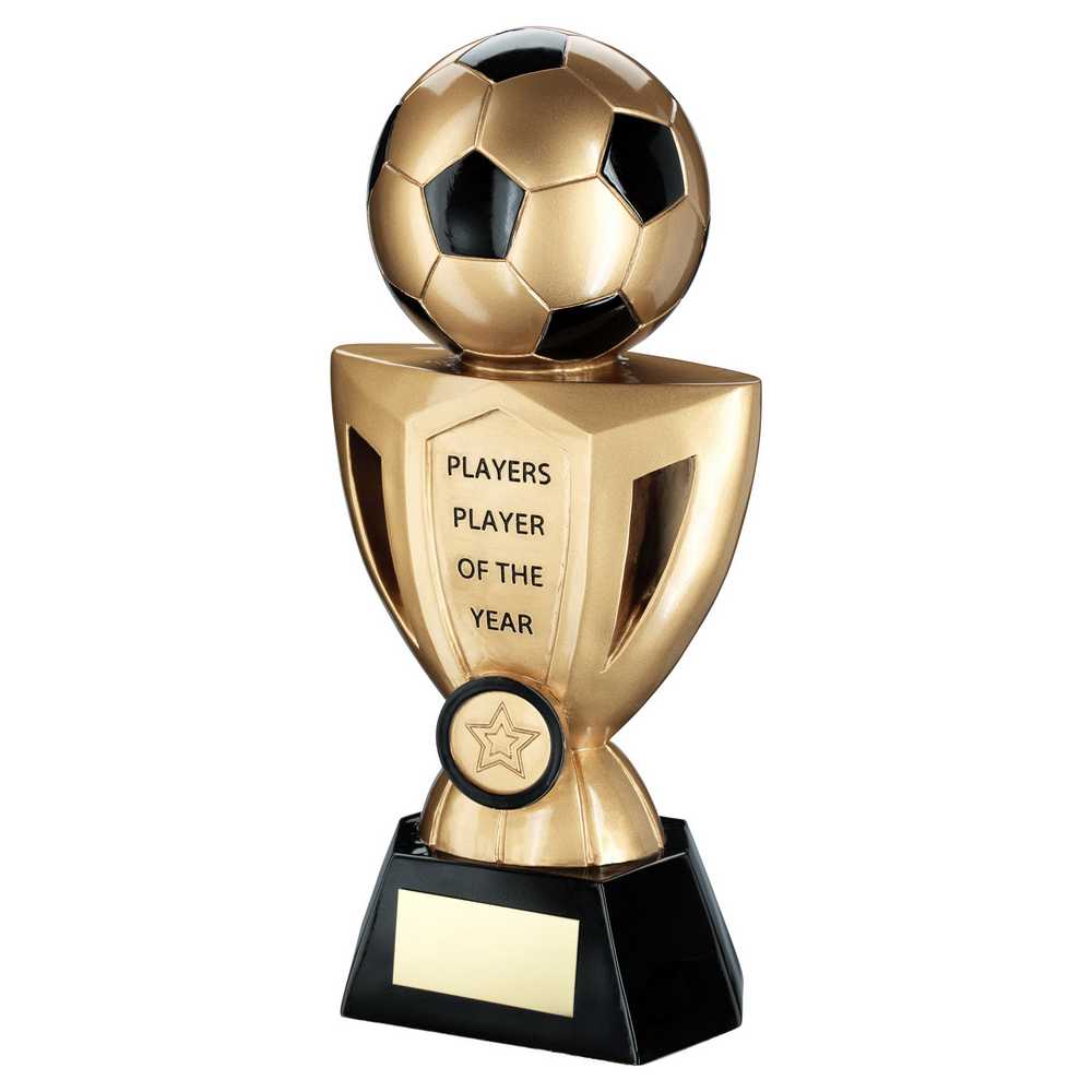 GOLD/BLACK FOOTBALL ON CUP WITH PLATE (1in CENTRE) PLAYERS PLAYER - 10in - Optimum Teamwear