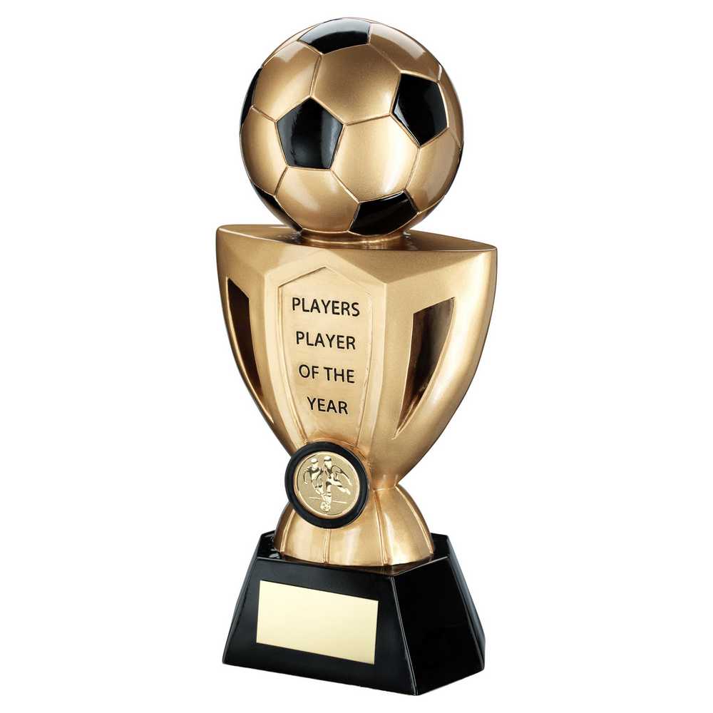 GOLD/BLACK FOOTBALL ON CUP WITH PLATE (1in CENTRE) PLAYERS PLAYER - 10in - Optimum Teamwear