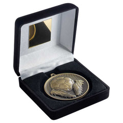 BLACK VELVET BOX AND 60mm MEDAL FOOTBALL TROPHY ANTIQUE GOLD - 4in - Optimum Teamwear