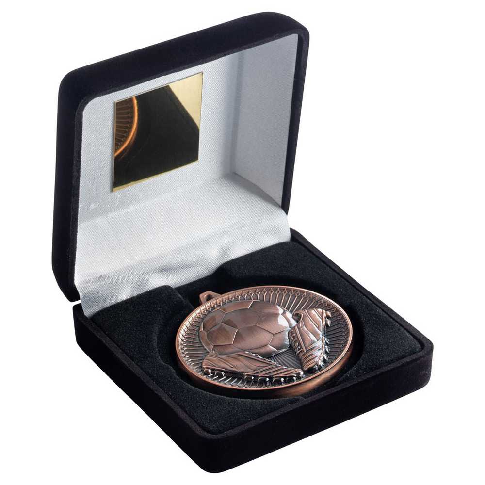 BLACK VELVET BOX AND 60mm MEDAL FOOTBALL TROPHY BRONZE - 4in - Optimum Teamwear