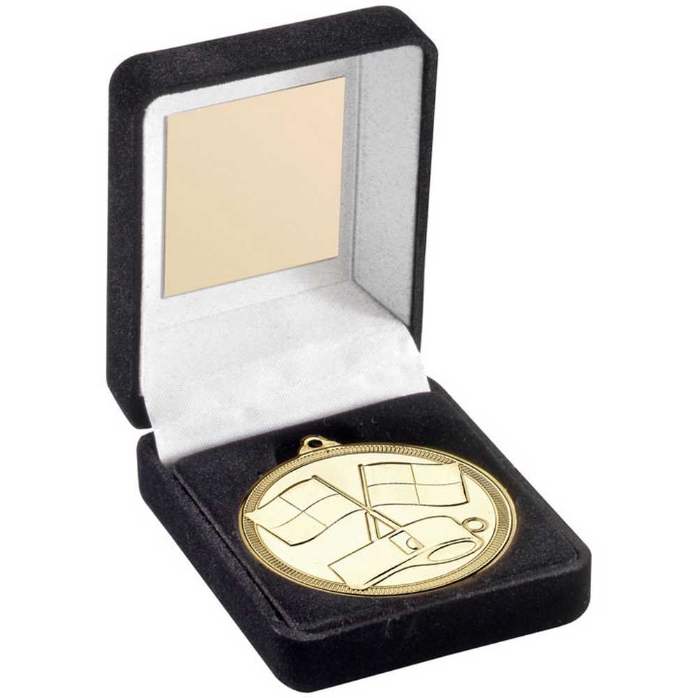 BLACK VELVET BOX AND 50mm MEDAL REFEREE TROPHY GOLD - 3.5in - Optimum Teamwear
