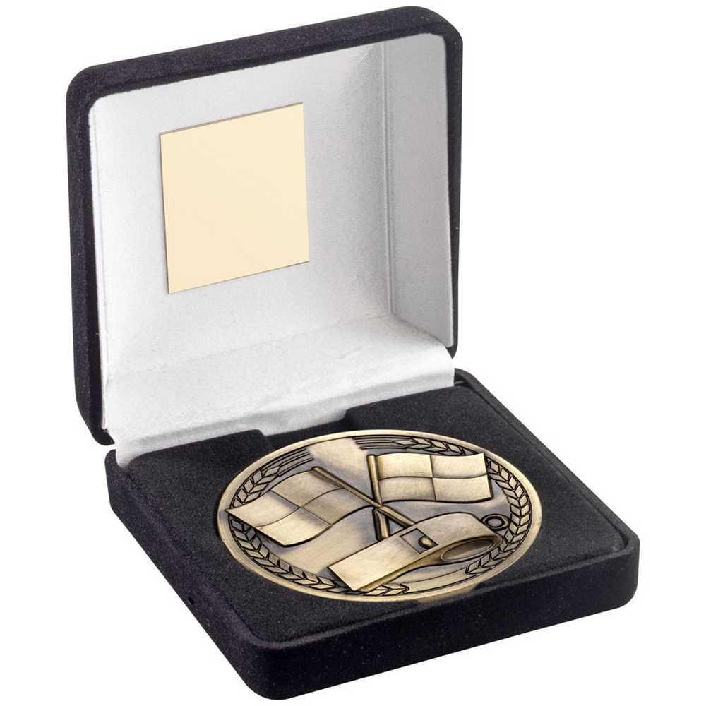 BLACK VELVET BOX AND 70mm ANTIQUE GOLD MEDALLION REFEREE TROPHY - 4in - Optimum Teamwear