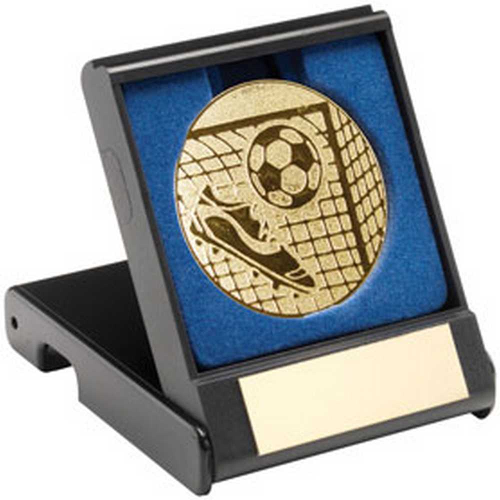 BLACK PLASTIC BOX WITH FOOTBALL INSERT TROPHY GOLD - 3.5in - Optimum Teamwear