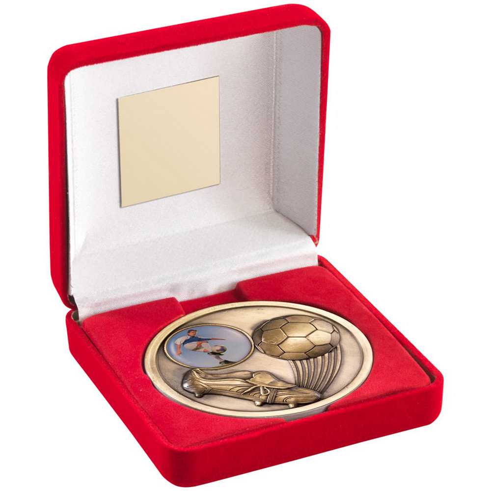RED VELVET BOX AND 70mm MEDALLION FOOTBALL TROPHY (1" CEN) ANTIQUE GOLD - 4in - Optimum Teamwear