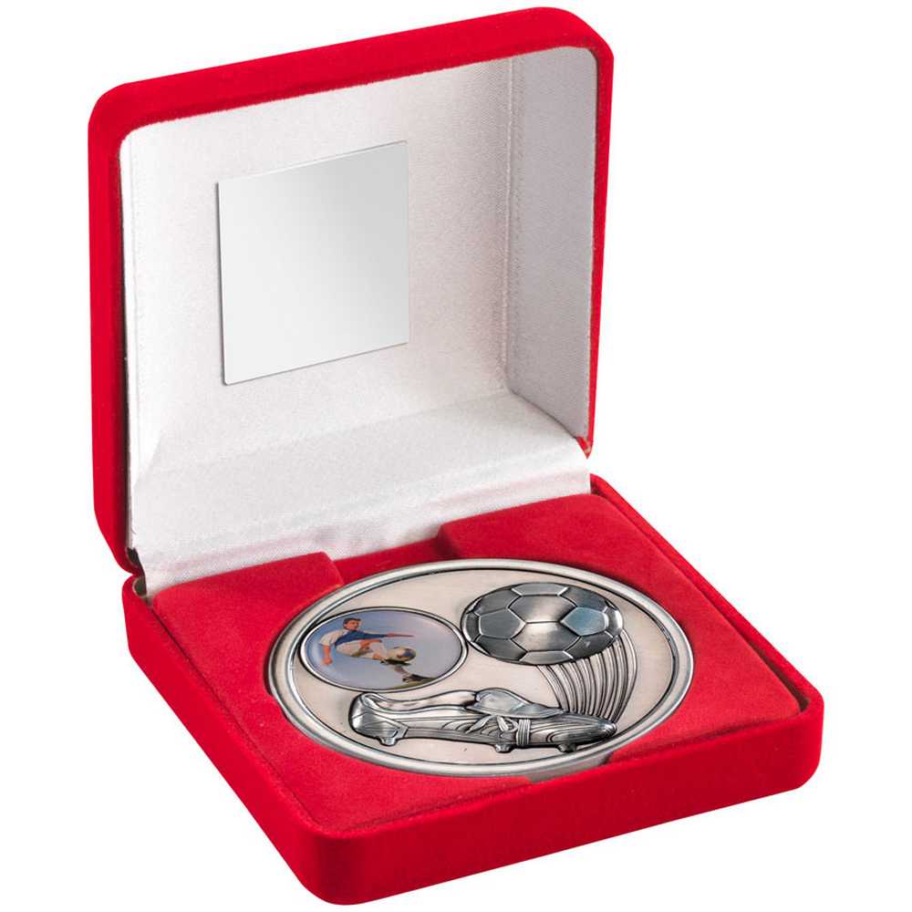 RED VELVET BOX AND 70mm MEDALLION FOOTBALL TROPHY (1" CEN) ANTIQUE SILV - 4in - Optimum Teamwear