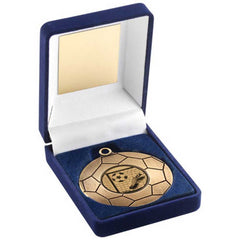 BLUE VELVET BOX AND 50mm FOOTBALL MEDAL TROPHY ANTIQUE GOLD (1in CEN) - 3.5in - Optimum Teamwear