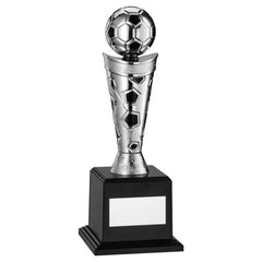 SILVER/BLACK PLASTIC FOOTBALL FIGURE ON BASE - 8.5in