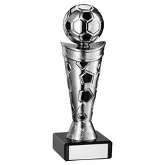 SILVER/BLACK PLASTIC FOOTBALL FIGURE ON BLACK MARBLE TROPHY - 6.75in - Optimum Teamwear