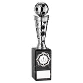 SILVER/BLACK PLASTIC FOOTBALL FIGURE ON BLACK MARBLE TROPHY - (1in CEN) 10in - Optimum Teamwear
