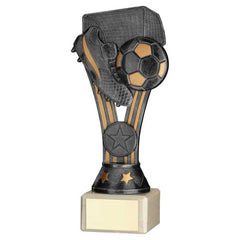 PEWTER/GOLD PLASTIC 'WEMBLEY' FIGURE ON CREAM MARBLE TROPHY - (1in CEN) - 7.25in - Optimum Teamwear