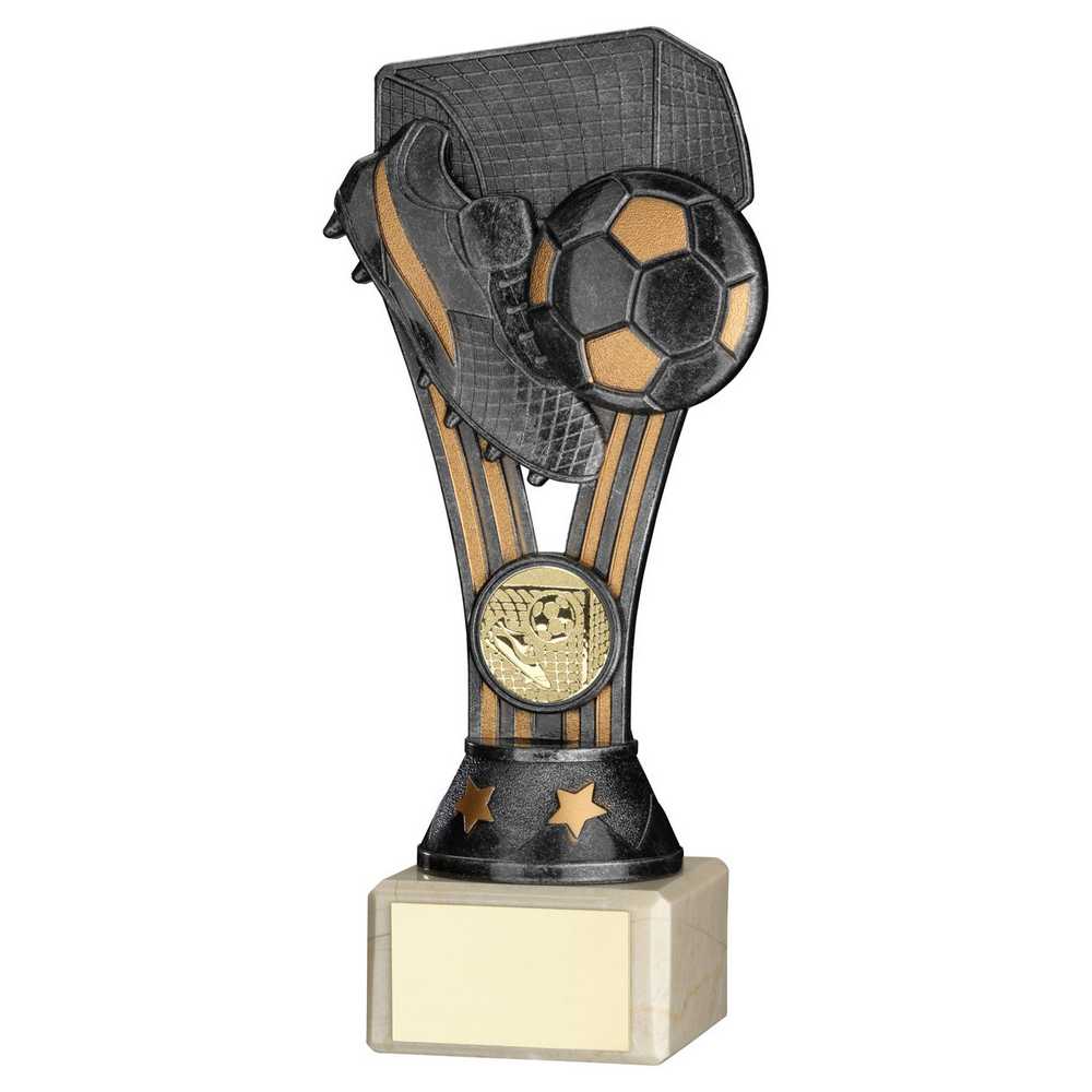 PEWTER/GOLD PLASTIC 'WEMBLEY' FIGURE ON CREAM MARBLE TROPHY - (1in CEN) - 7.25in - Optimum Teamwear