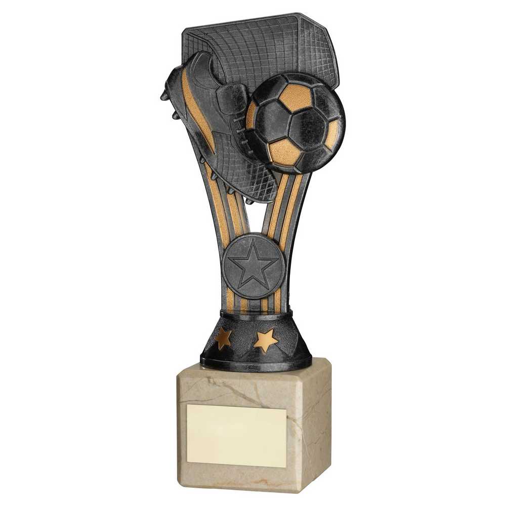 PEWTER/GOLD PLASTIC 'WEMBLEY' FIGURE ON CREAM MARBLE TROPHY - (1in CEN) - 8in - Optimum Teamwear