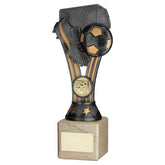 PEWTER/GOLD PLASTIC 'WEMBLEY' FIGURE ON CREAM MARBLE TROPHY - (1in CEN) - 8in - Optimum Teamwear