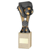 PEWTER/GOLD PLASTIC 'WEMBLEY' FIGURE ON CREAM MARBLE TROPHY - (1in CEN) - 9in - Optimum Teamwear