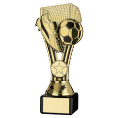 GOLD/BLACK PLASTIC 'WEMBLEY' FIGURE ON BLACK MARBLE TROPHY - (1in CEN) - 7.25in