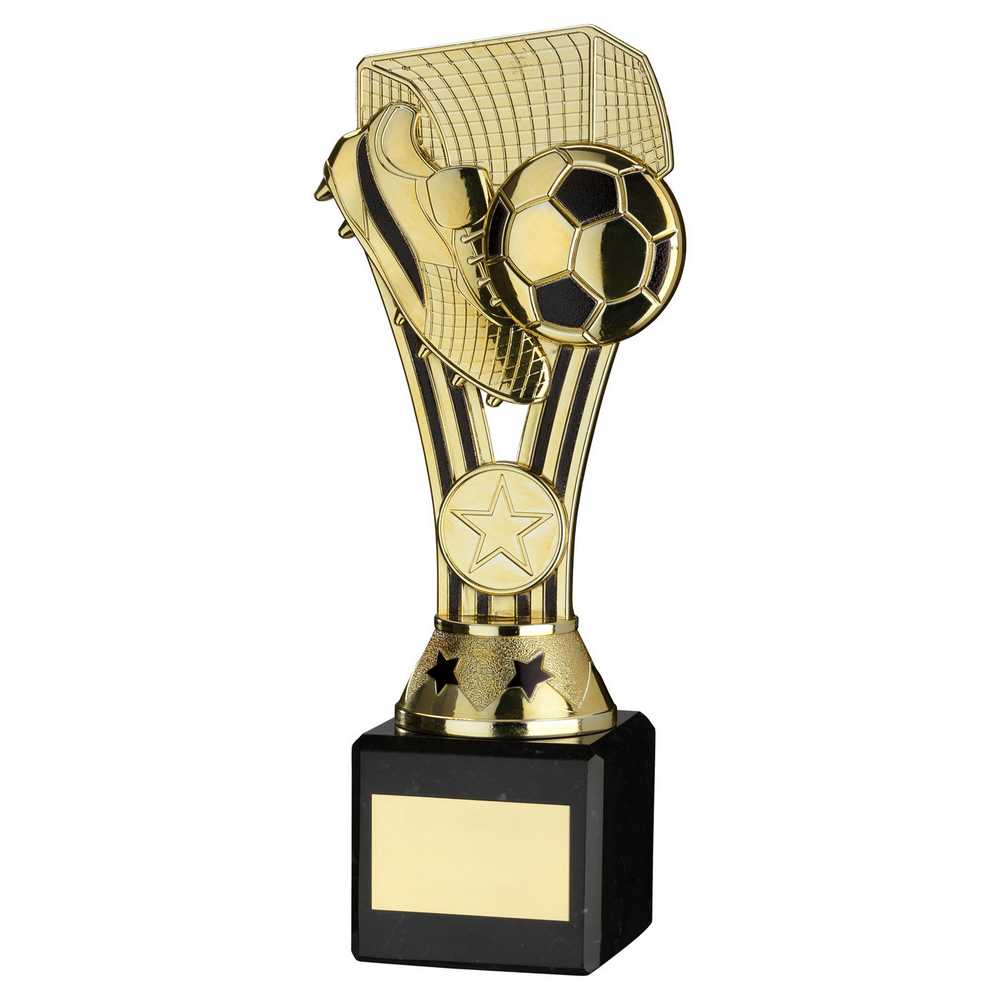 GOLD/BLACK PLASTIC 'WEMBLEY' FIGURE ON BLACK MARBLE TROPHY - (1in CEN) - 8in - Optimum Teamwear