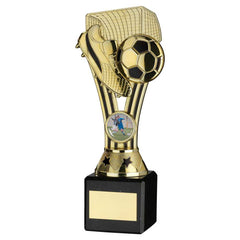 GOLD/BLACK PLASTIC 'WEMBLEY' FIGURE ON BLACK MARBLE TROPHY - (1in CEN) - 8in