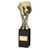 GOLD/BLACK PLASTIC 'WEMBLEY' FIGURE ON BLACK MARBLE TROPHY - (1in CEN) - 10in - Optimum Teamwear
