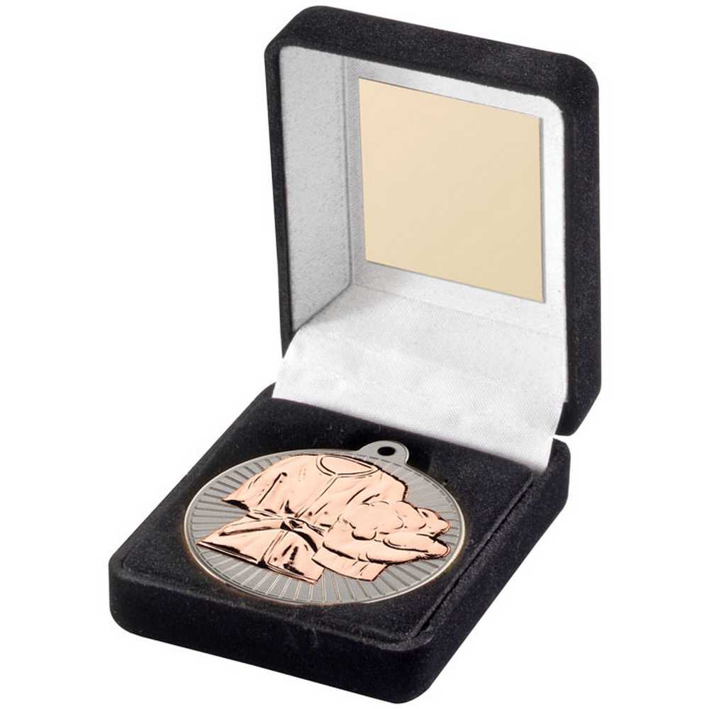 BLACK VELVET BOX AND 50mm MARTIAL ARTS MEDAL TROPHY MATT SILVER/BRONZE - 3.5in - Optimum Teamwear
