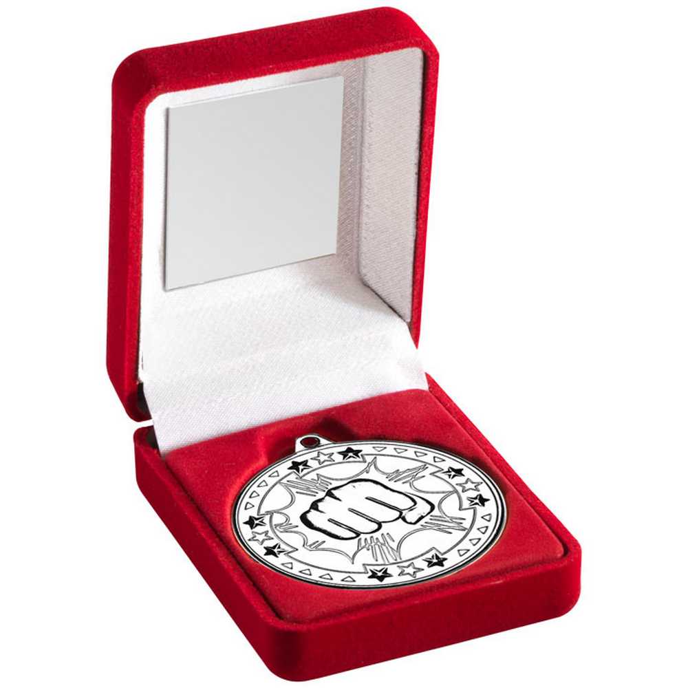RED VELVET BOX AND 50mm MEDAL MARTIAL ARTS TROPHY SILVER - 3.5in - Optimum Teamwear