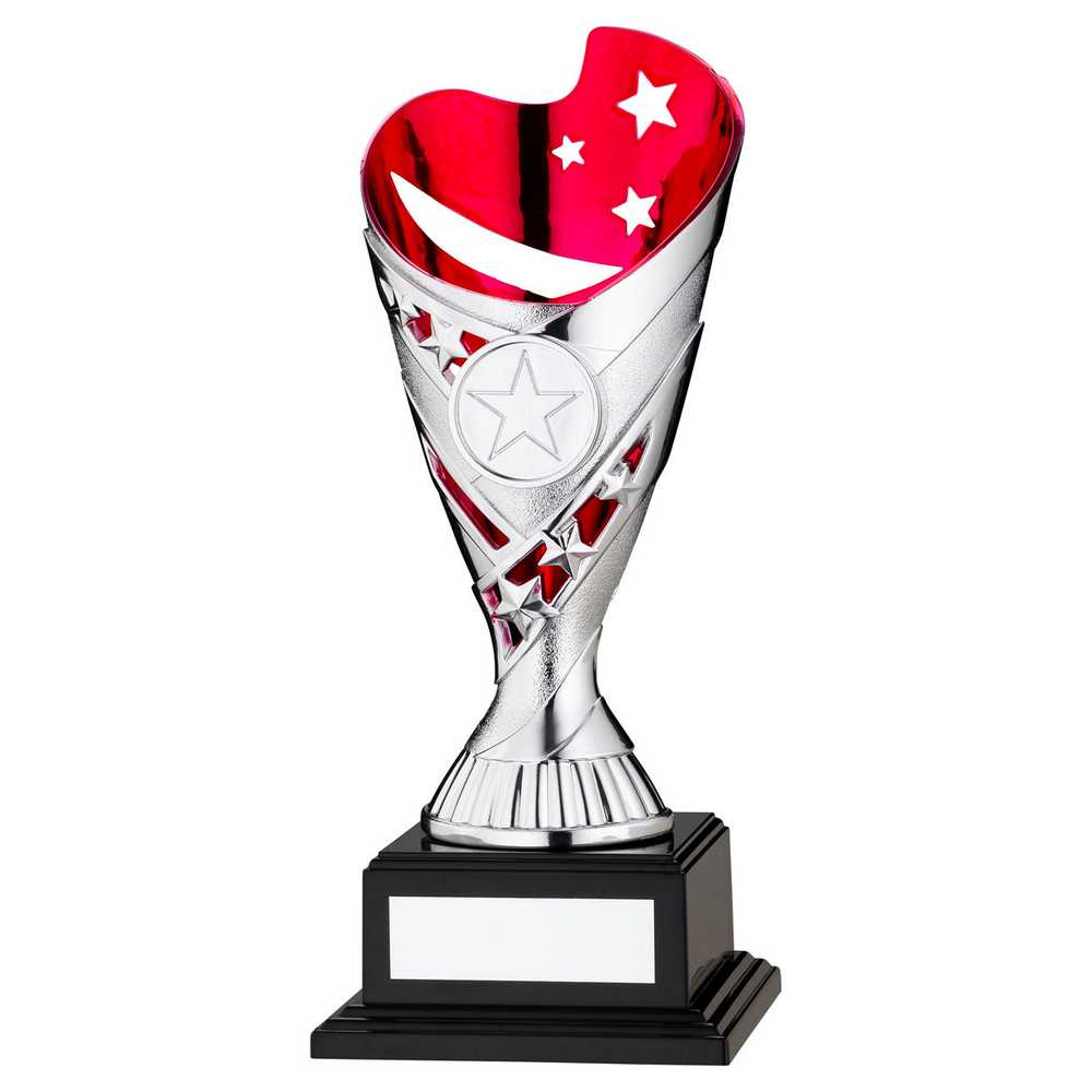 SILVER/PINK PLASTIC 'SABRE' CUP ASSEMBLED ON BASE (1in CEN) - 7.5in - Optimum Teamwear