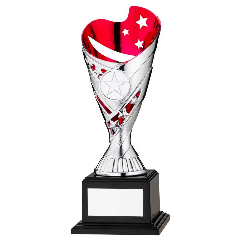 SILVER/PINK PLASTIC 'SABRE' CUP ASSEMBLED ON BASE (1in CEN) - 8in - Optimum Teamwear