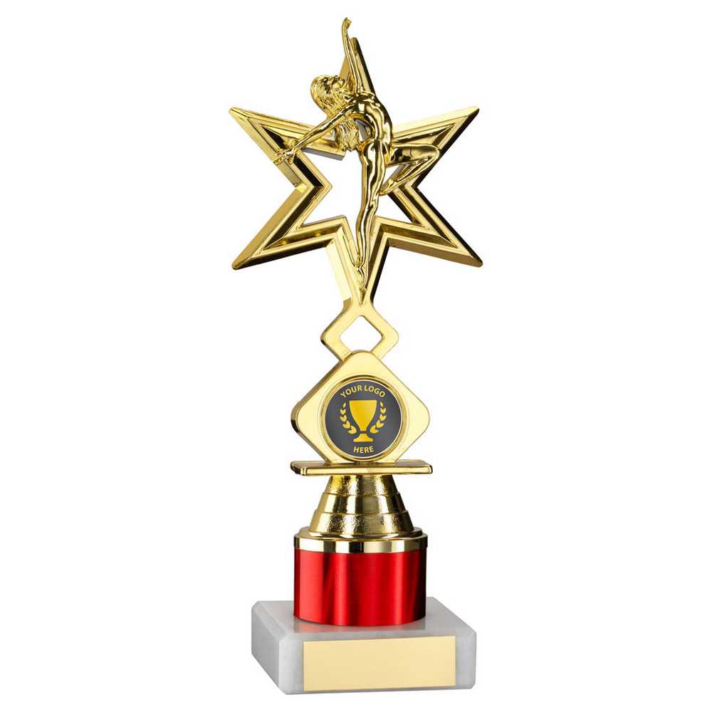 GOLD/RED 'DANCE/GYM' STAR FIGURE ASSEMBLED ON MARBLE (1" CEN/1" TUBE) - 8in - Optimum Teamwear