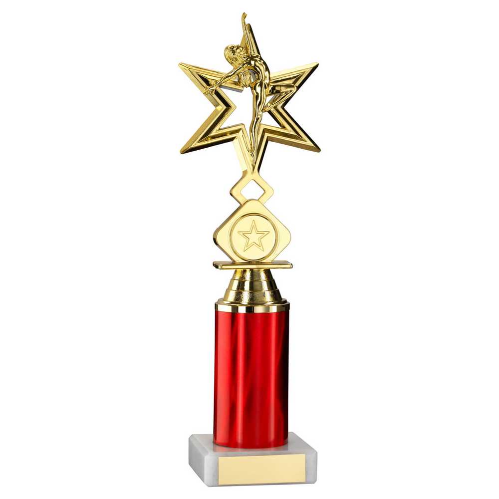 GOLD/RED 'DANCE/GYM' STAR FIGURE ASSEMBLED ON MARBLE (1" CEN/3" TUBE) - 10in - Optimum Teamwear