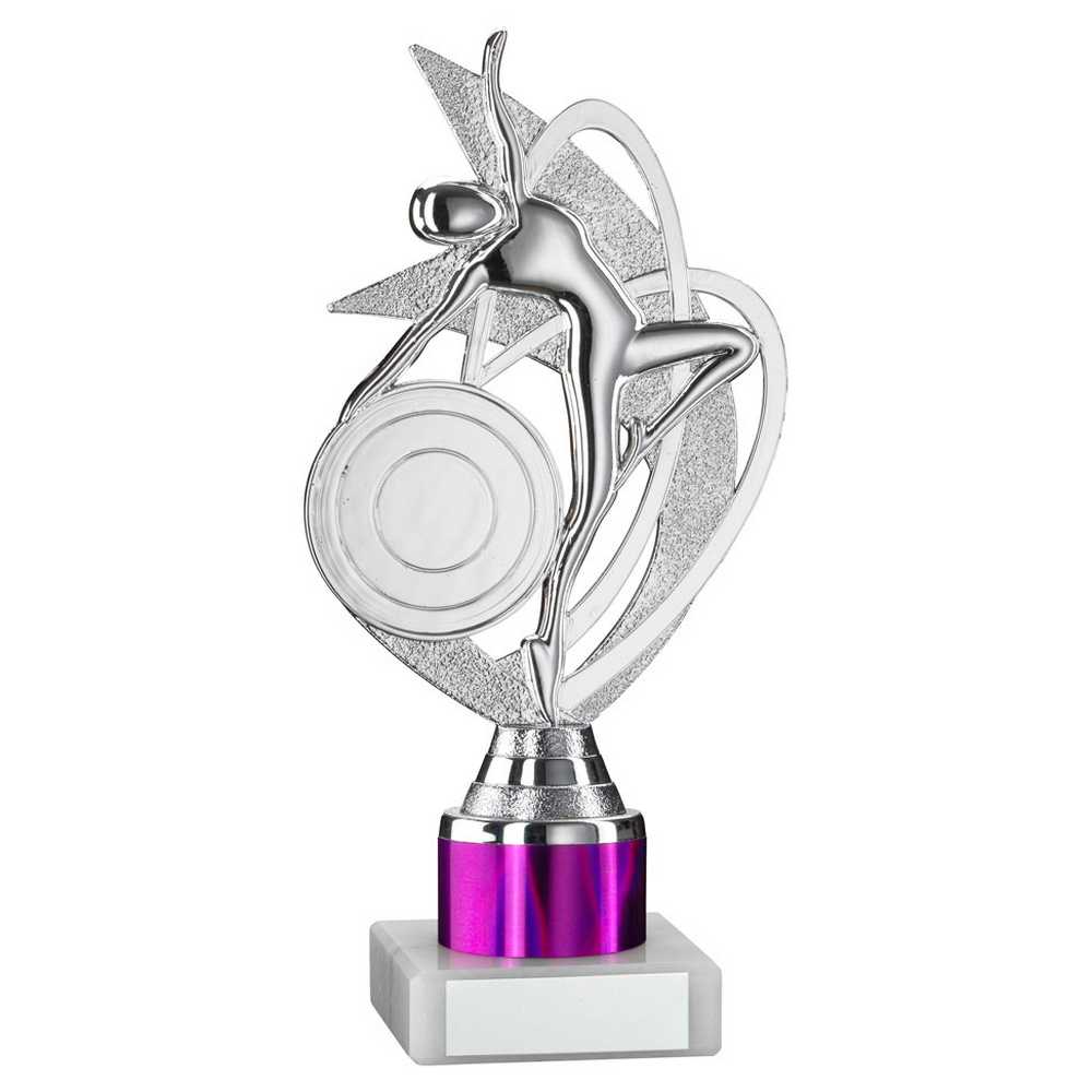 SILVER/PURPLE 'DANCE/GYM' FIGURE ASSEMBLED ON MARBLE (2" CEN/1" TUBE) - 8in - Optimum Teamwear