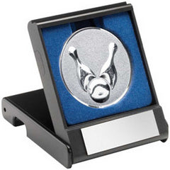 BLACK PLASTIC BOX WITH TEN PIN INSERT TROPHY SILVER - 3.5in - Optimum Teamwear