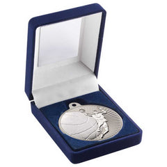 BLUE VELVET BOX AND 50mm BASKETBALL MEDAL TROPHY MATT SILVER/SILVER - 3.5in - Optimum Teamwear