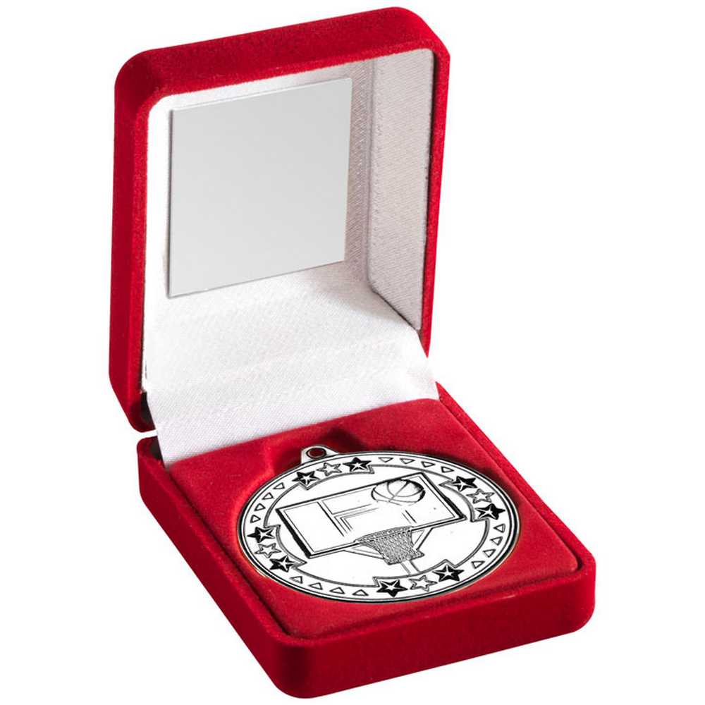 RED VELVET BOX AND 50mm MEDAL BASKETBALL TROPHY SILVER - 3.5in - Optimum Teamwear