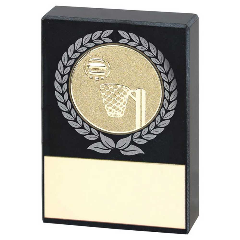 BLACK MARBLE WITH SILVER/GOLD WREATH, NETBALL INSERT AND PLATE - 2.5x1.75in - Optimum Teamwear