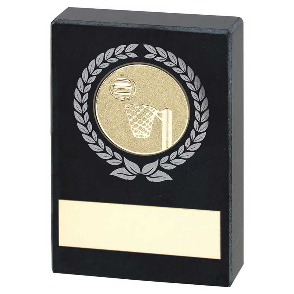 BLACK MARBLE WITH SILVER/GOLD WREATH, NETBALL INSERT AND PLATE - 3x2in - Optimum Teamwear