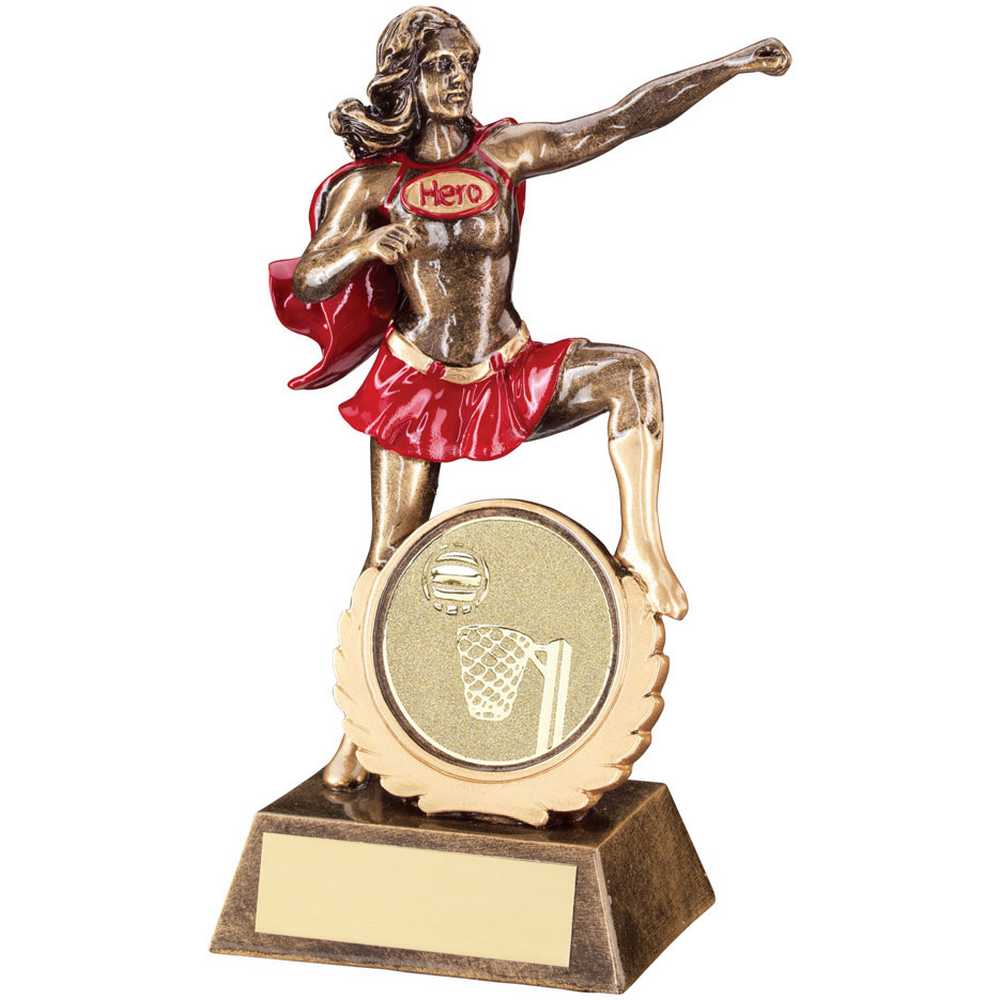 BRZ/GOLD/RED RESIN FEMALE 'HERO' AWARD WITH NETBALL INSERT - 7.5in - Optimum Teamwear
