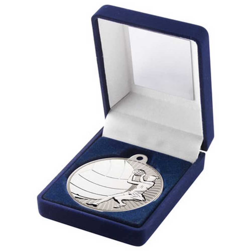BLUE VELVET BOX AND 50mm NETBALL MEDAL TROPHY MATT SILVER/SILVER - 3.5in - Optimum Teamwear