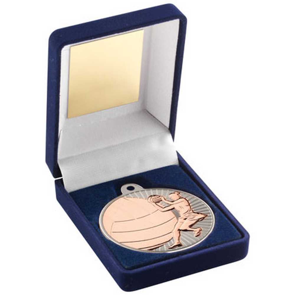 BLUE VELVET BOX AND 50mm NETBALL MEDAL TROPHY MATT SILVER/BRONZE - 3.5in - Optimum Teamwear